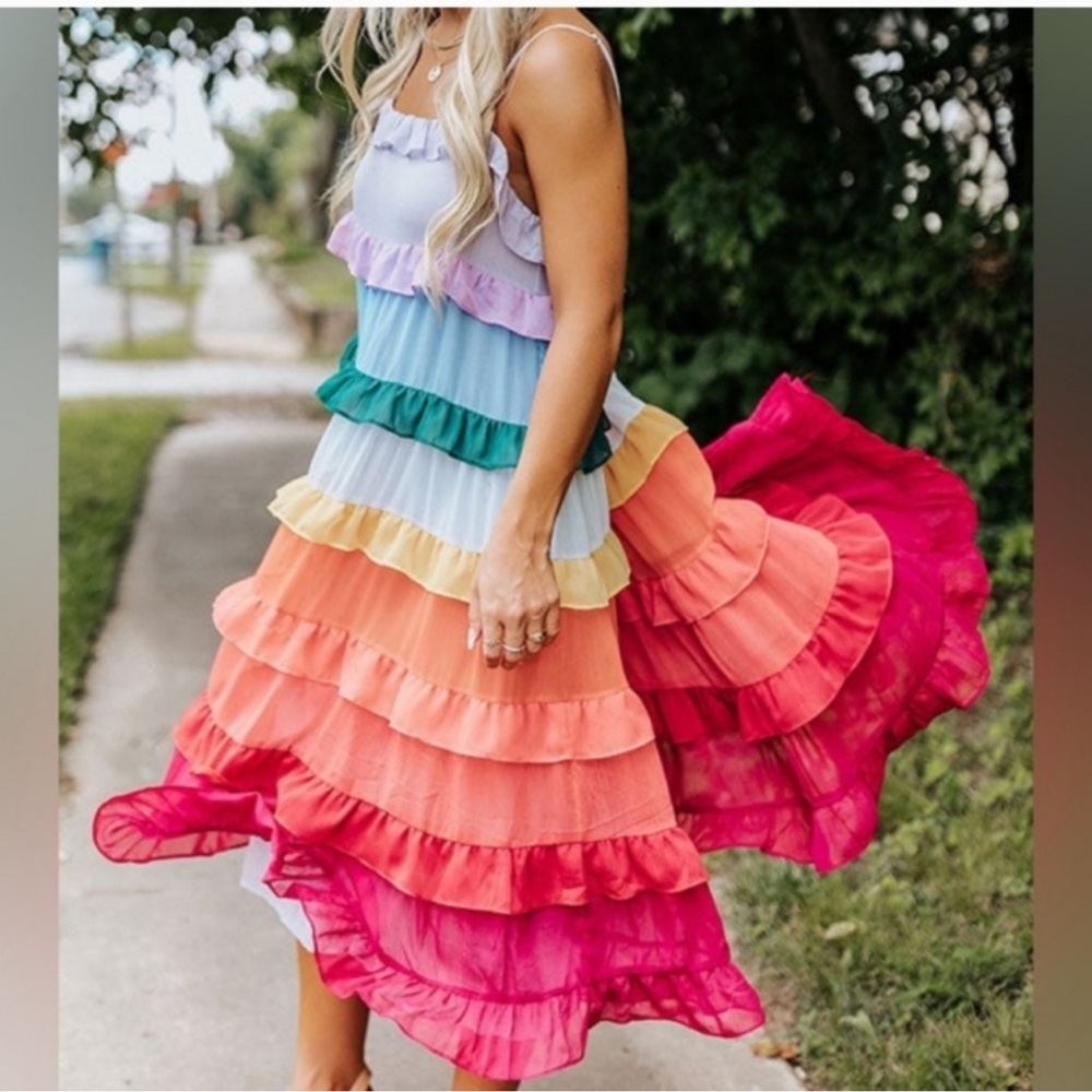 NWOT Storia Rainbow Tiered Ruffled Midi Dress Women’s Small - Picture 4 of 13